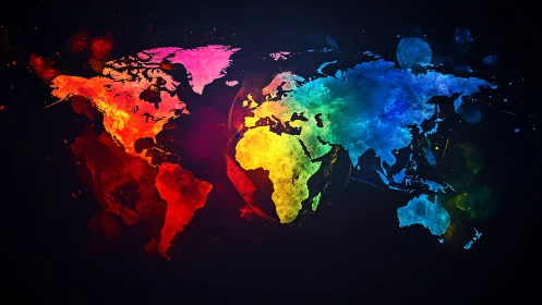 Prismatic world map splashes color across a midnight void.
