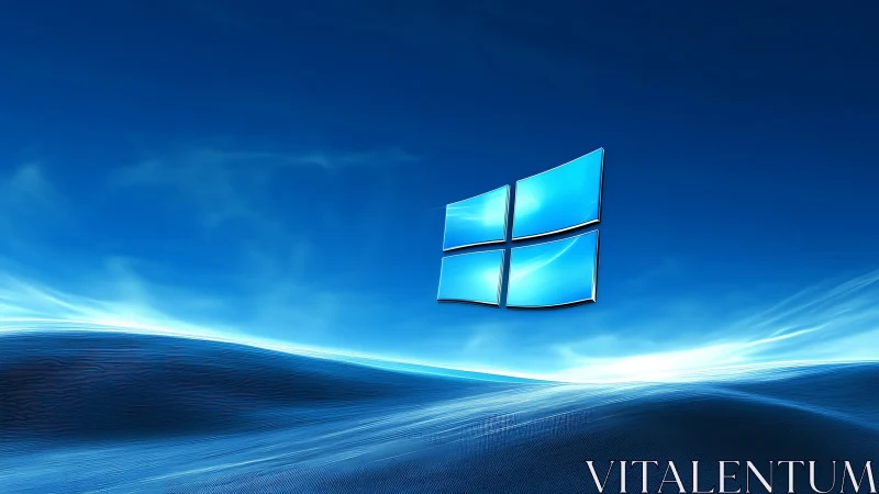 Windows-style glass logo floats over abstract blue waves
