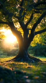 Backlit woodland tree with golden hour bokeh rendering.