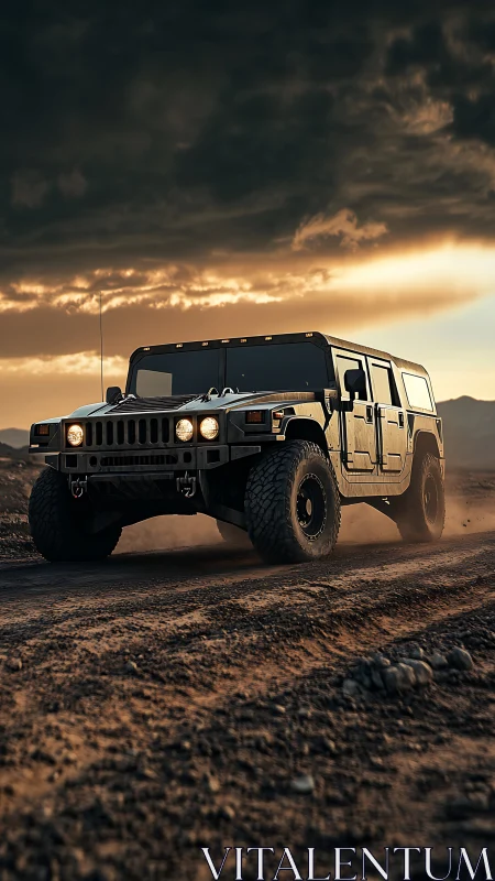 Off-road military-style SUV on rugged desert track at dusk.