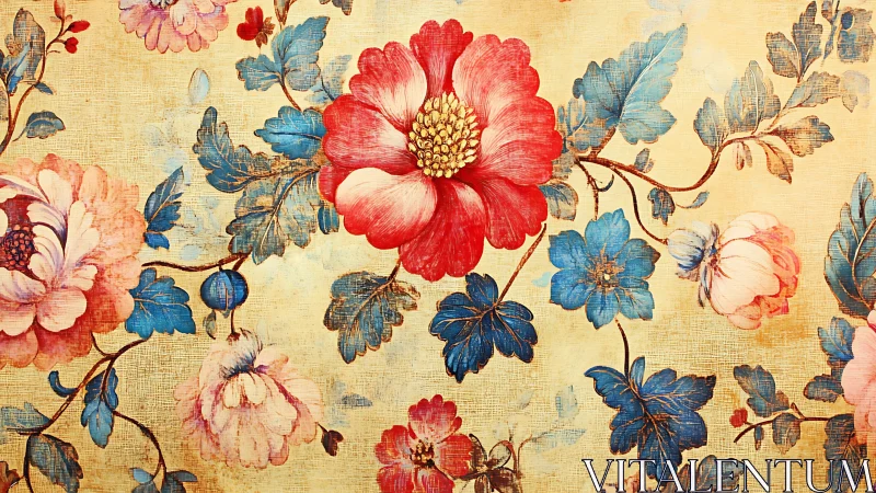 Vintage floral mural shows bold red bloom on textured gold