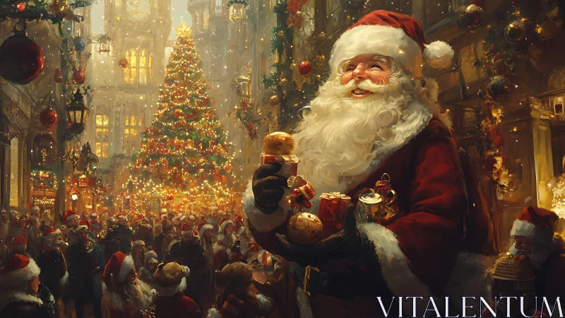 Joyful Santa delights a festive crowd beneath a glowing tree