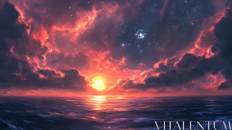Starlit tides cradle a molten sunset beneath cosmic clouds