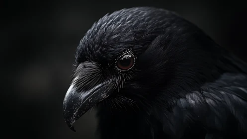 Dramatic close-up of a raven in dark, moody photographic style.