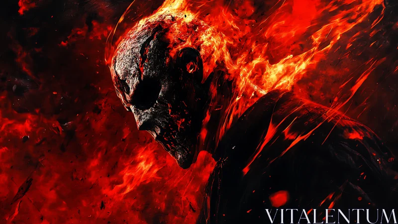 Burning skull-headed figure emerging from red inferno.