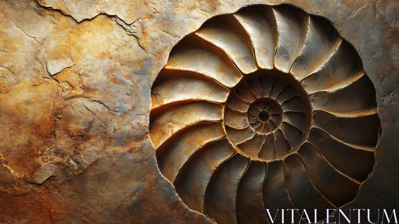 Fossilized ammonite shell in cross-section with sculpted relief lighting