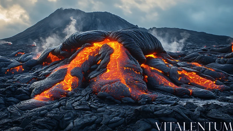 Volcanic lava surge with glowing basaltic crust forms rivers.