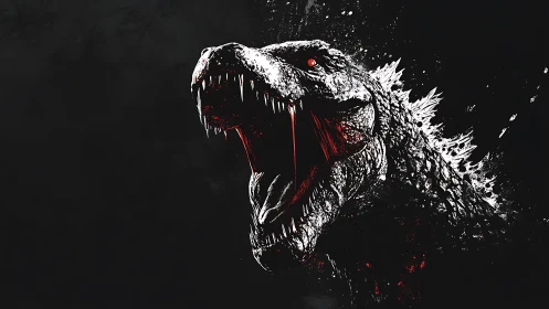 Monochrome reptilian kaiju head with open jaws on black field.