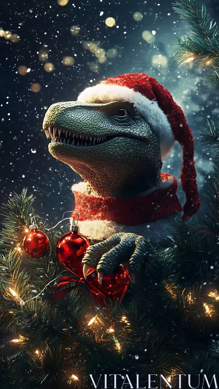 Holiday raptor reigns over twinkling snowlit Christmas boughs.