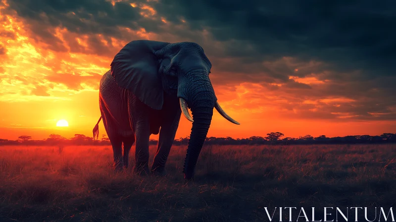 Majestic elephant strides across a blazing savanna sunset.