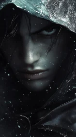 Hooded figure in snow with intense, shadowed expression.