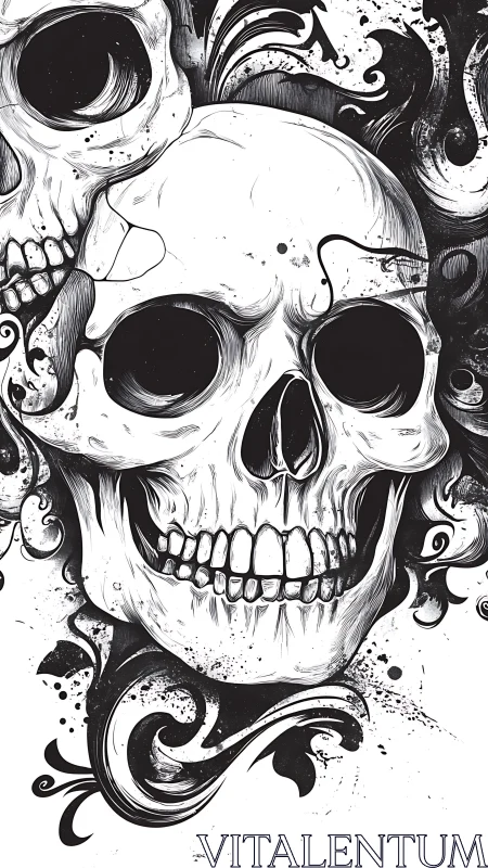 Bold skull illustration wrapped in swirling dark florals.
