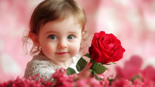 Young child holding red rose with pink floral background.
