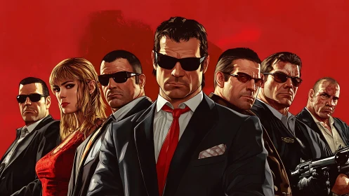 Crime syndicate lineup stares forward against blood red field