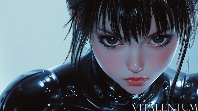 Cybernetic girl stares forward in glossy black suit