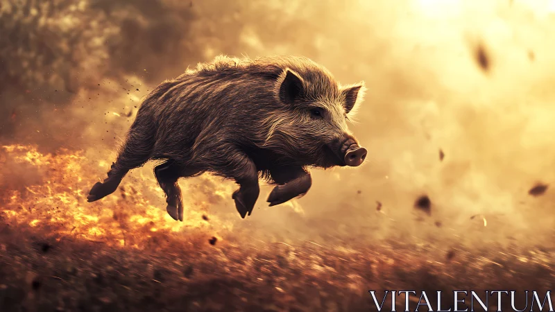 Wild boar leaping through blazing grassland at sunset.