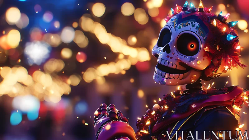 Neon calavera reveler wrapped in fiery festival lights.