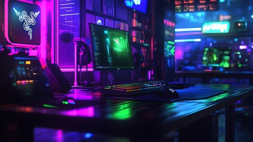 Neon circuit sanctuary for late night cyber gaming rituals.