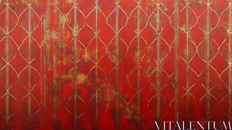 Gold geometric lines on textured red abstract background painting.