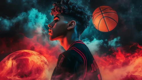 Cosmic basketball portrait glows with neon fire and smoke.