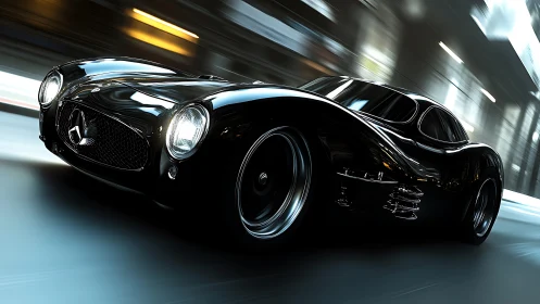 Streamlined black sports car moves through blurred tunnel scene