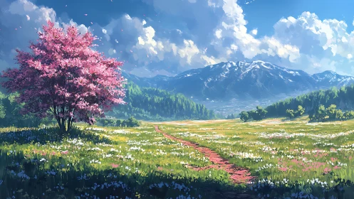 Pink-blossomed tree stands by a path across a mountain meadow