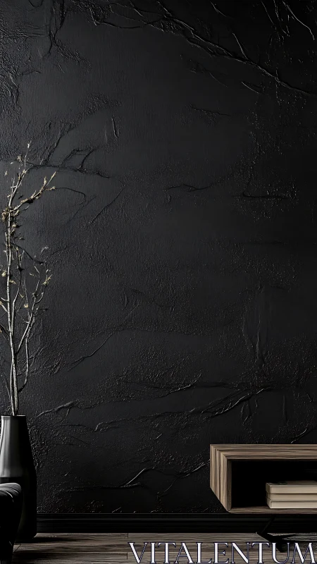 Shadow-soaked wall with quiet wood shelf and bare branches.
