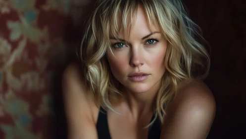 Blonde woman portrait with intense gaze in soft focus lighting.