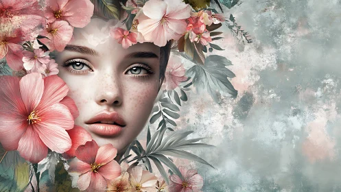 Female face merged with botanical elements in soft palette.
