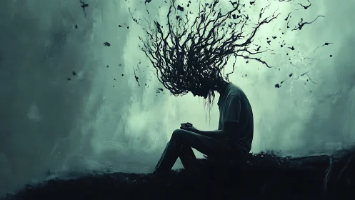 Silhouetted figure sits while chaotic branches erupt outward