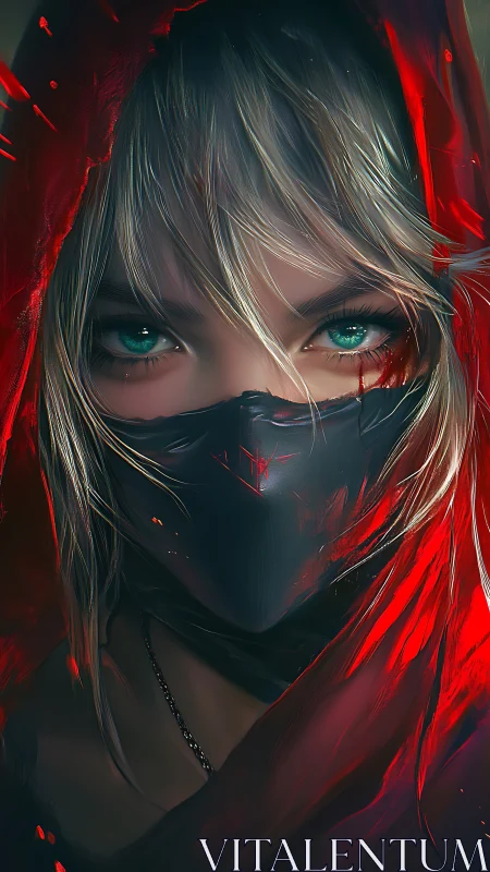 Scarlet-hooded masked warrior with piercing teal gaze.
