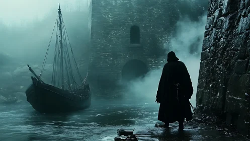 Cloaked figure observes moored longship beside stone fortress