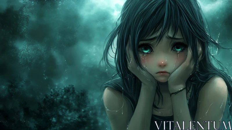 Blue haired anime girl with tears in dim atmospheric scene.