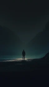 Silhouetted person stands on wet shoreline under dark sky
