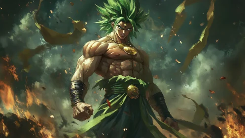 Storm-lit green-haired warrior stands in blazing battlefield.