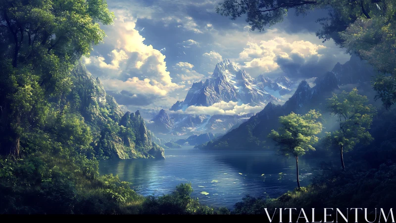 Majestic alpine lake beneath luminous snowcapped peaks.