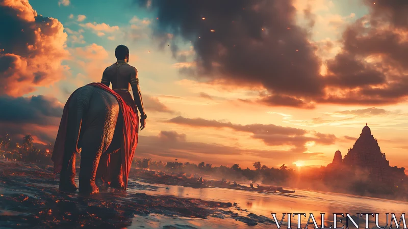 Sunset journey with elephant and distant riverside temple.