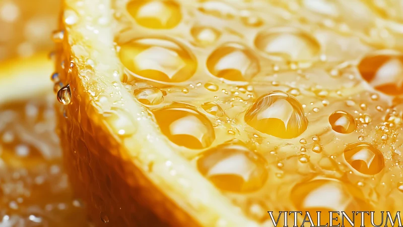 Macro detail of juicy orange slice with glistening droplets
