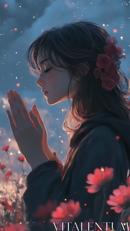 Midnight meadow prayer with ember-lit wishing girl.