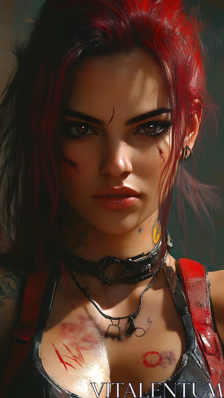 Red haired woman with scars stares directly at viewer