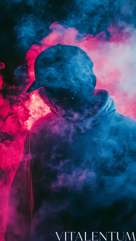 Moody silhouette relaxes in neon smoke and glowing color haze