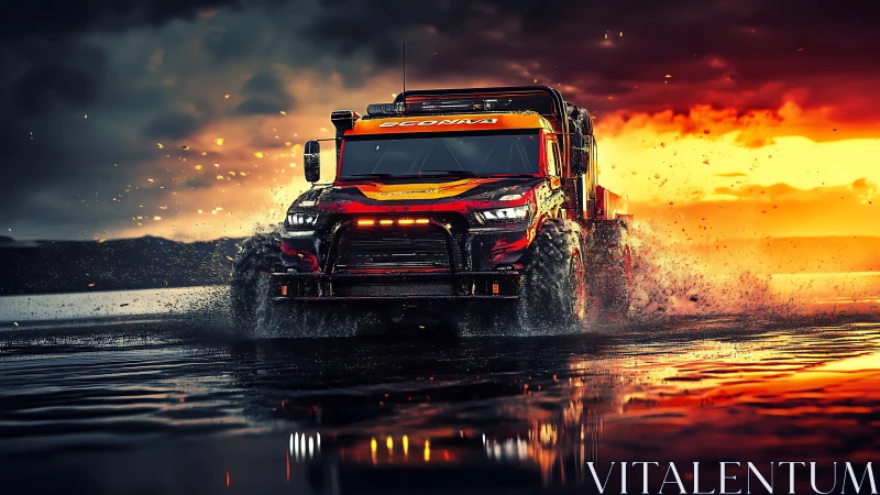 Off-road rally truck powers through wet terrain at sunset