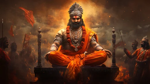 Warrior king in orange robes sits on ornate throne amid flames