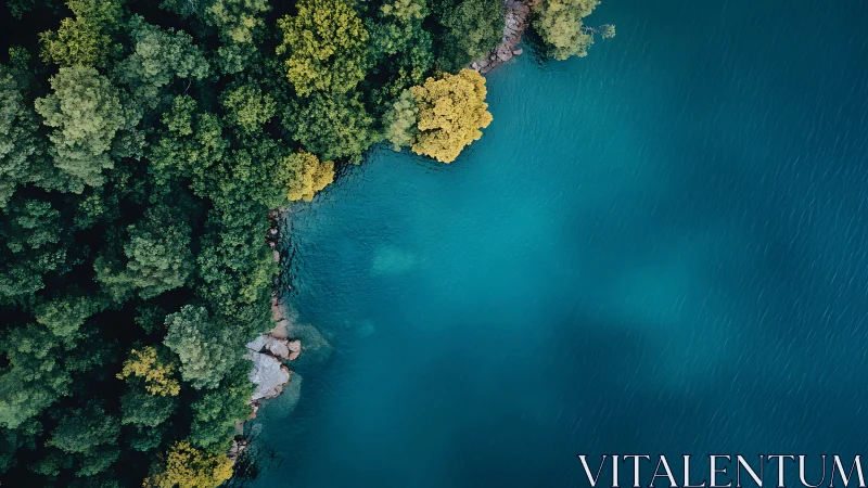 Tranquil forest shoreline meeting calm teal blue waters.