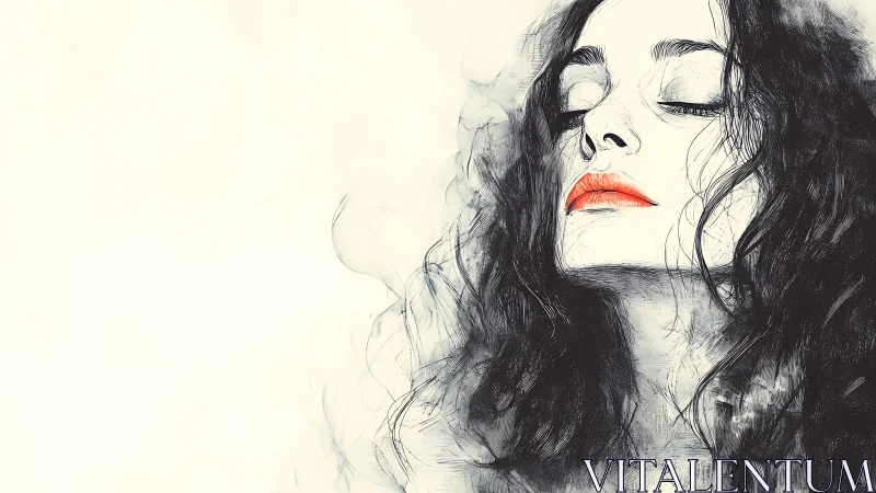 Red-lipped woman in dreamy ink sketch portrait artwork.