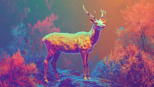 Iridescent stag stands in neon forest under atmospheric glow