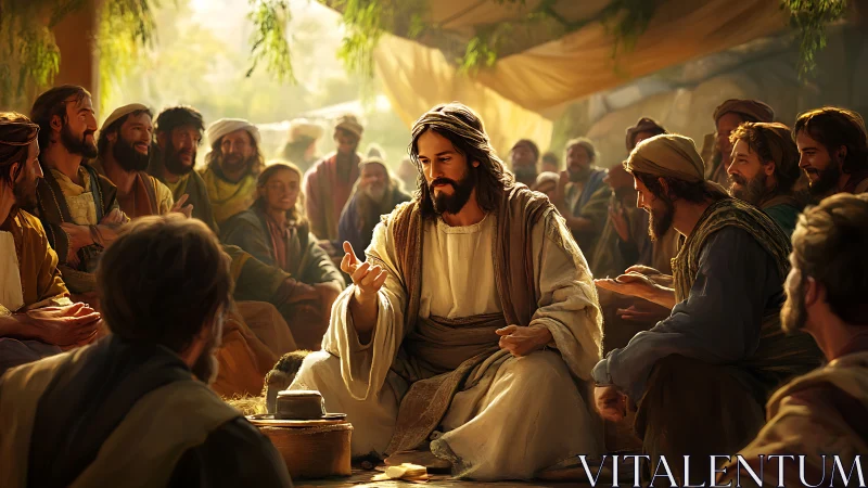 Bearded robed teacher instructs seated crowd outdoors