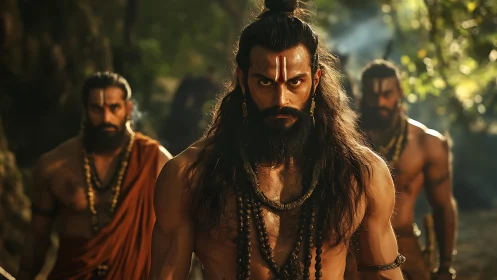 Cinematic warrior ascetics in forest-lit processional formation.