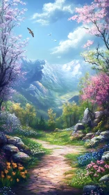 Mountain path winds through luminous spring blossom valley.