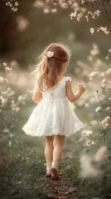 Young girl in white dress walking through blooming flower garden